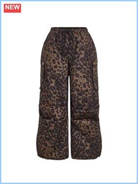 Plus Size Leopard Print Cargo Pants High Waisted Wide Leg Baggy Trousers